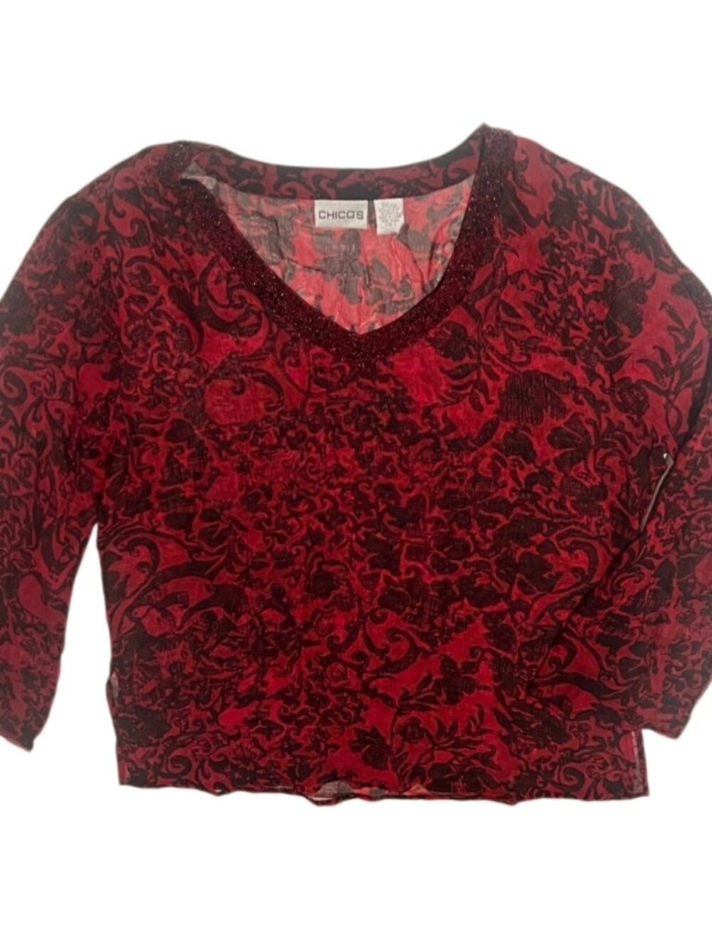 Chico's Deep Red & Black Beaded V Neck Long Sleeves Sheer Silk Top Size Large - Picture 2 of 10